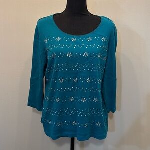 Rebecca Malone Women’s 3/4 Length Sleeve Shirt Size XL‎ in Teal with Rhinestones